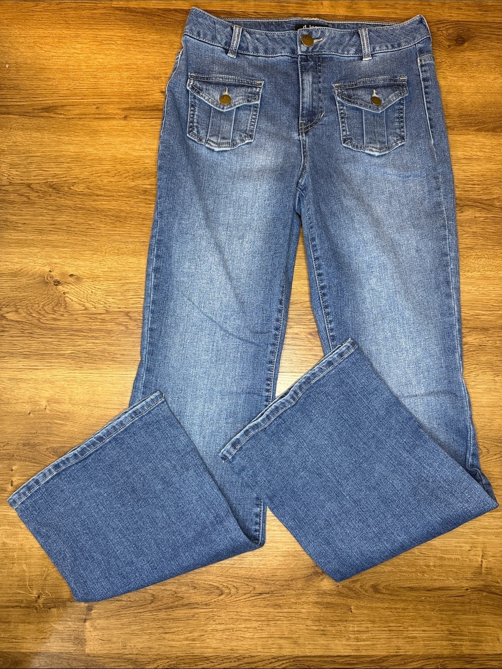 d jeans Flare Wide Leg Faded Front Button Flap Pockets Stretch Retro Women’s 4